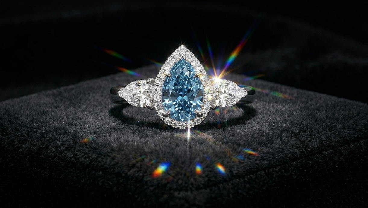 Pierścionek Trójkamieniowy REVE Blue Pear 0.70CTW Lab IGI Próba 585